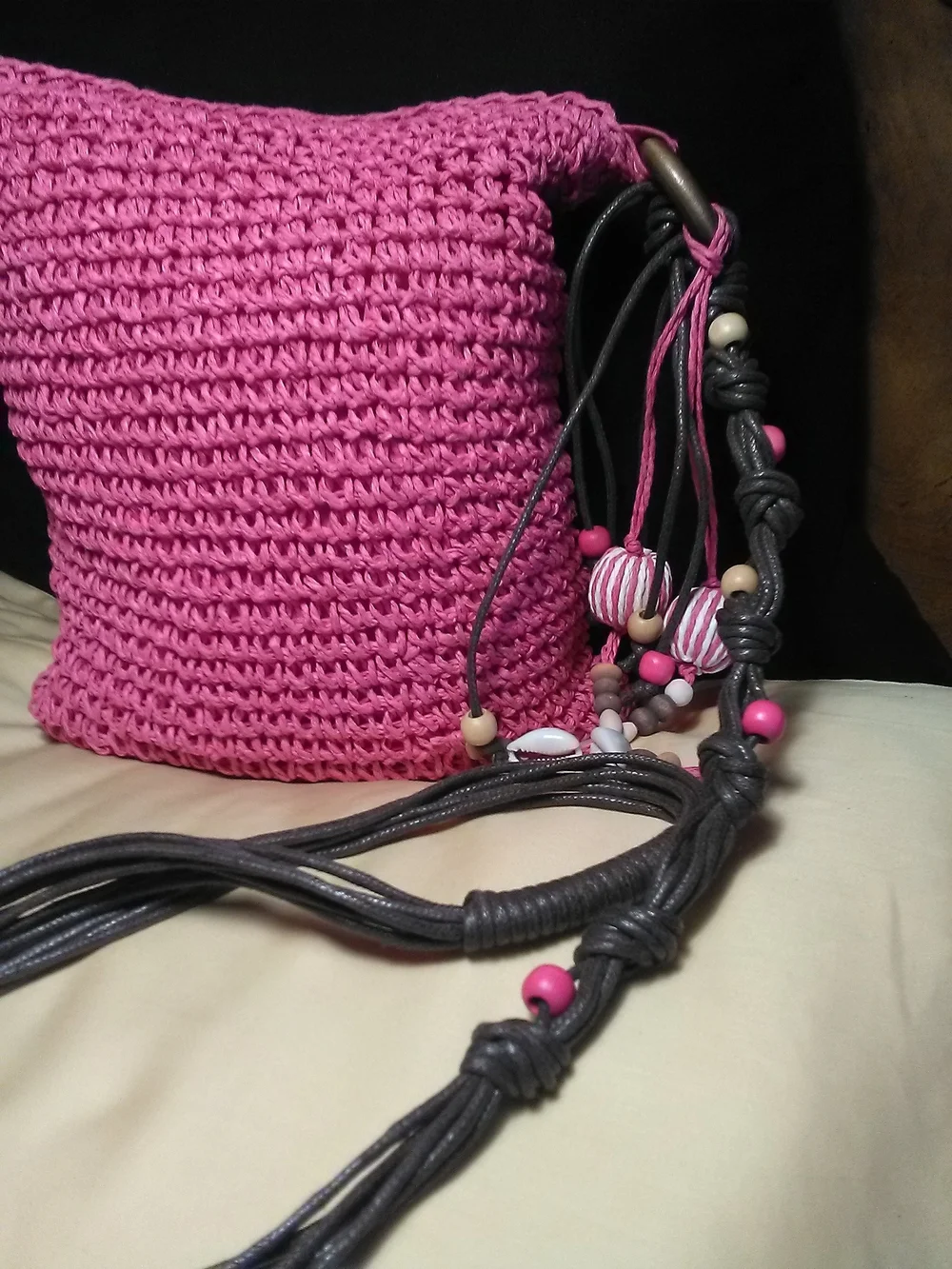 NWOT Handmade Pink Crochet Crossbody Bag LEATHER Beaded Strap